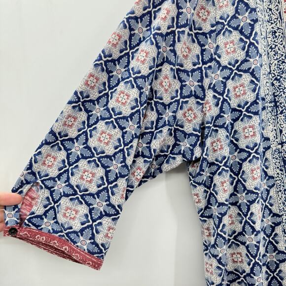 Lucky Brand Boho Printed Cotton Knit Top Sz 2X Red Blue Casual Office Split Neck - Picture 3 of 11